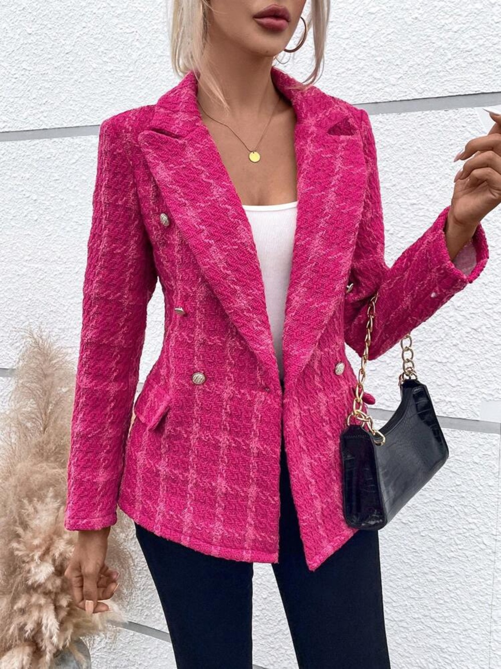 NEW Hot Pink Double-Breasted Tweed Blazer